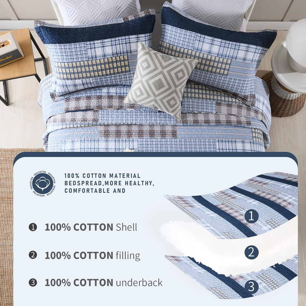 Finlonte Quilt King Size 100% Cotton King Size Quilts Blue Beige White Bedspreads Plaid Quilts Lightweight Soft Breathable Bedding Sets for All Season, 3 Piece
