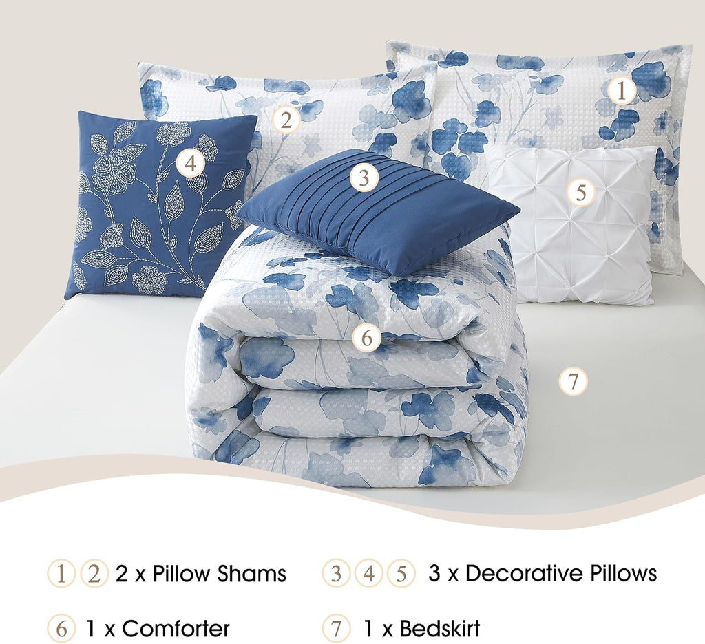 Stratford Park Waffle Printed Polyester Comforter Set, Blue Floral 7 Piece Queen Bedding Set, Elegant All Season Bedding, Matching Pillows, Shams, Bed Skirt