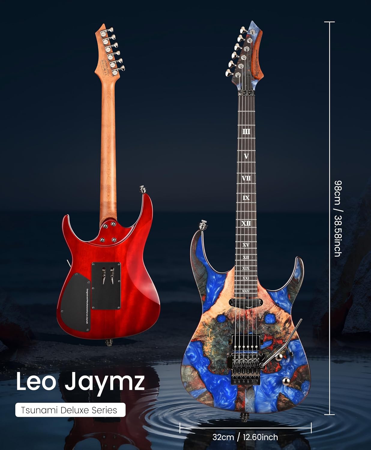 Leo Jaymz Tsunami Deluxe Mahogany Body & Roasted Maple Neck, HH Pickups with Rail, Double-Locking Tremolo, 24 Frets (Blue)