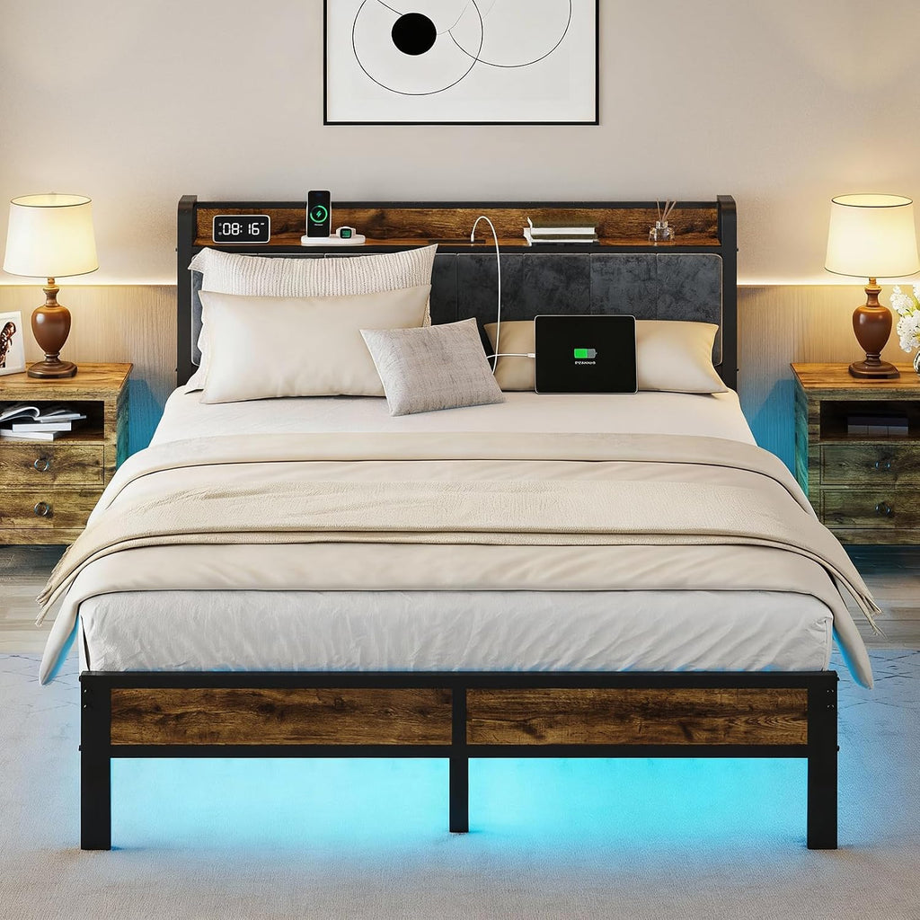 PROTEA Queen Size Bed Frame with LED Lights and Charging Station, Upholstered Storage Headboard, Heavy Duty Metal Platform with Slats, Noise Free, No Box Spring Needed, Easy Assembly
