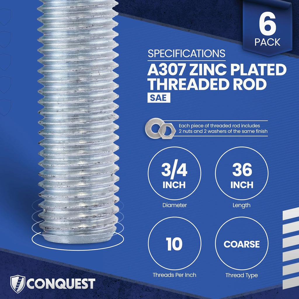 Conquest A307 Zinc Plated Threaded Rod 3/4'-10 x 36 Inches (6-Pack) - Coarse Threaded All-Thread Rods - Manufactured to ASTM A307 Standards