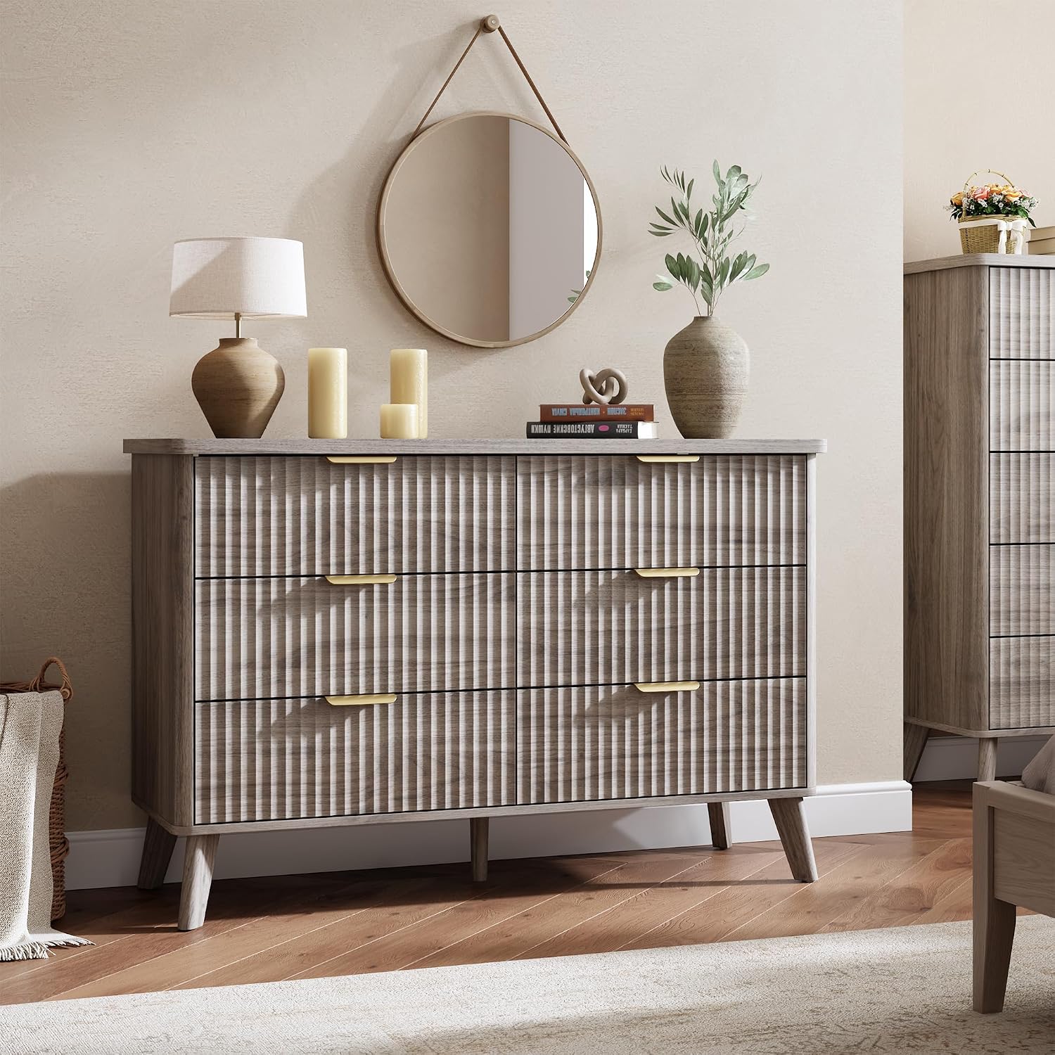 GarveeHome Fluted Dresser for Bedroom with 6 Deep Drawers, 47.2 in Wide Modern Chest of Drawers, Wooden Dresser TV Stand, Curved Profile Design, for Living Room, Kids Room, Hallway, Grey