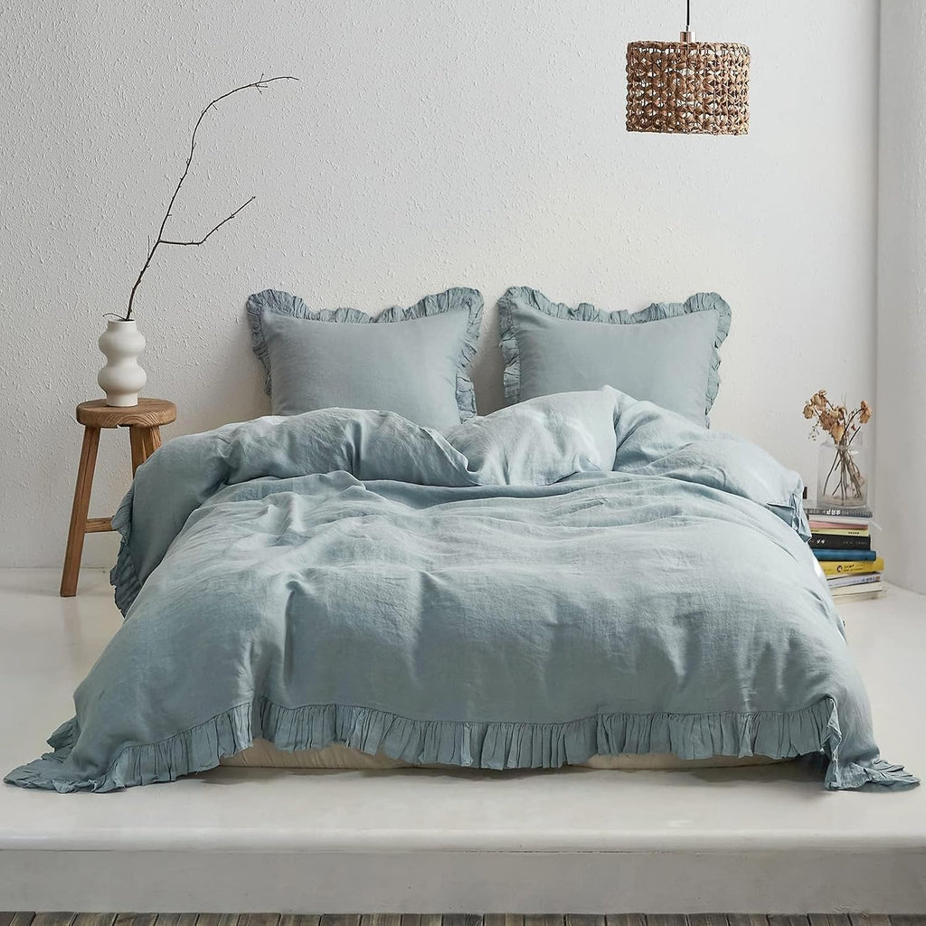 Simple&Opulence 100% Linen Duvet Cover Set, 3 PCS Natural French Flax Dusty Blue Ruffle Duvet Cover King Size, Breathable Comfy Linen Bedding Comforter Cover with 2 Pillowcases(Dusty Blue, 104' X 92')