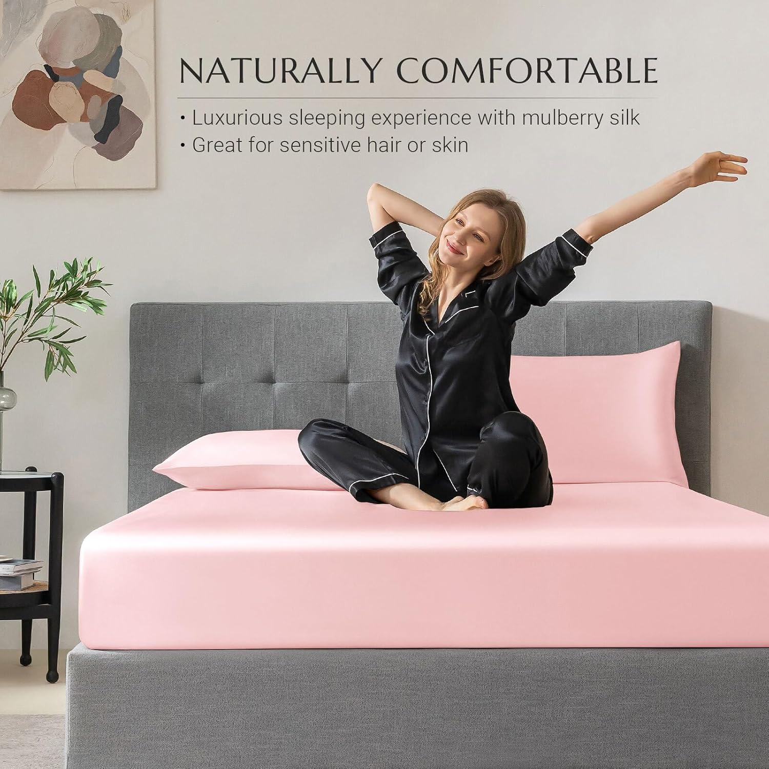 THXSILK 100% Mulberry Silk Fitted Sheet Set, 7A+ Silk 3 Pieces Bed Sheets, Breathable, Smooth, 16 Inch Deep Pocket Fitted Sheet, 2 Pillowcases - Charming Pink, Full