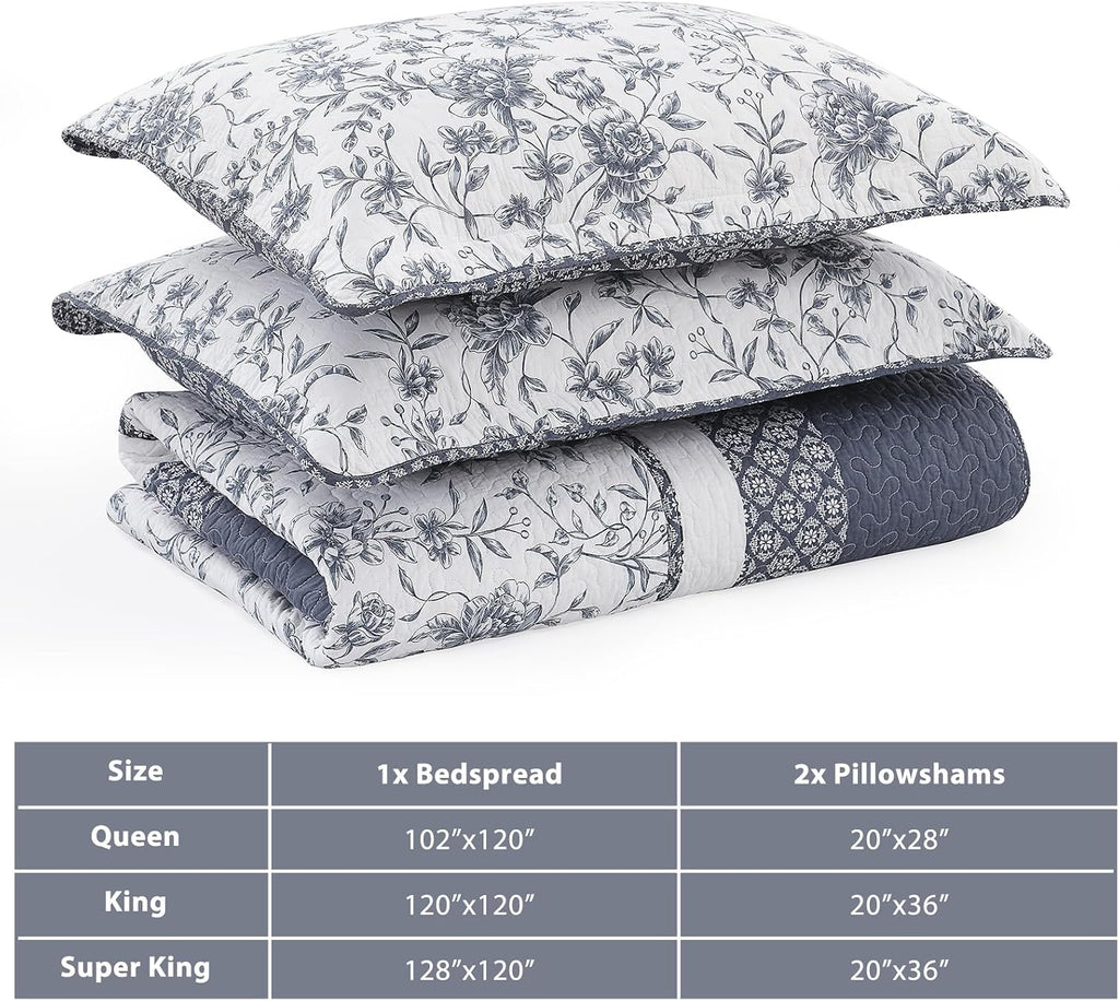 Floral Bedspread 128'x120' California King Bedspread, 100% Cotton XL Oversized King Quilt with 2 Pillowshams, Lightweight Garden Quilted Bedspreads Coverlet Set, Blue/White, 3 Pcs