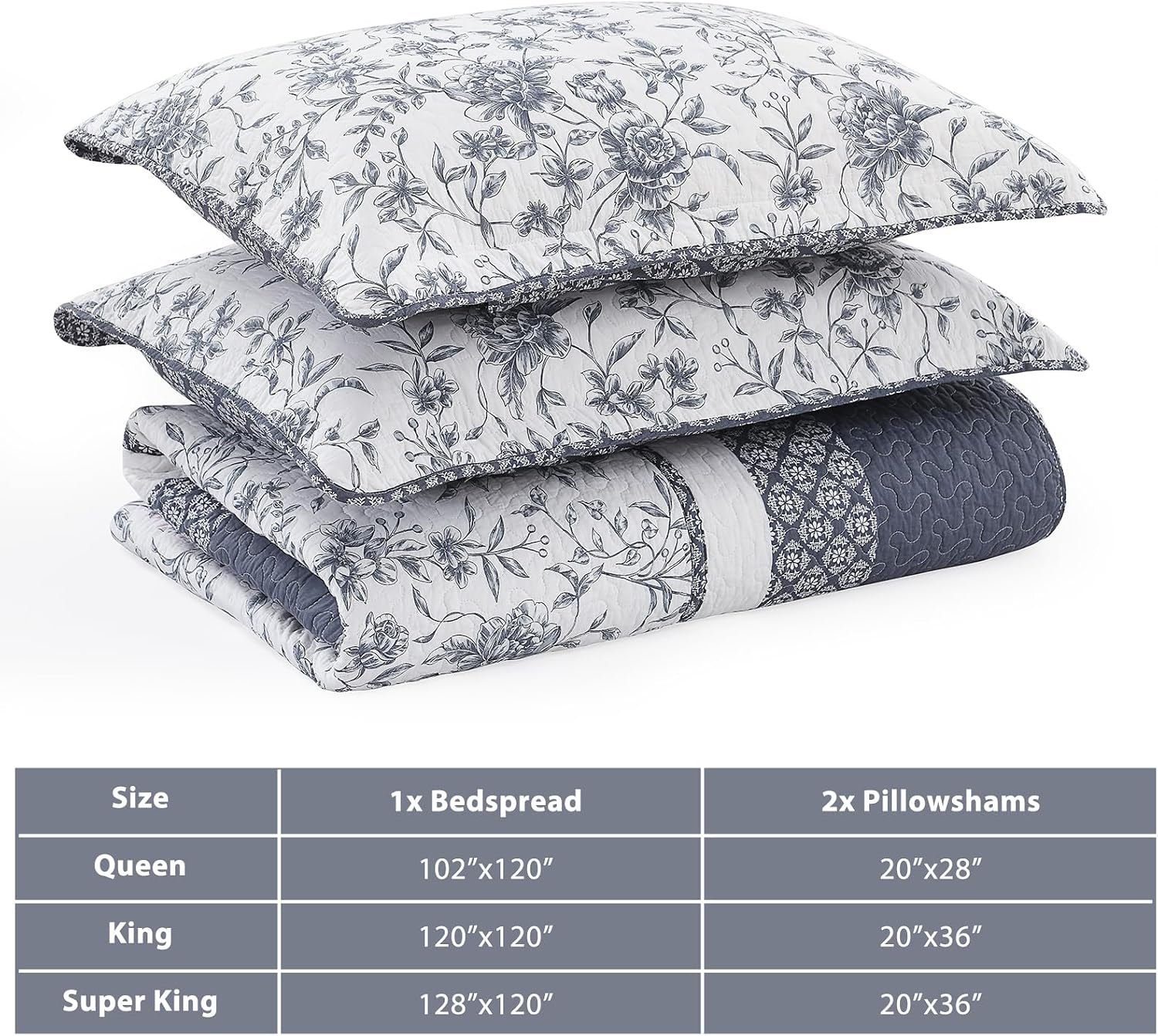 Floral Bedspread 128'x120' California King Bedspread, 100% Cotton XL Oversized King Quilt with 2 Pillowshams, Lightweight Garden Quilted Bedspreads Coverlet Set, Blue/White, 3 Pcs