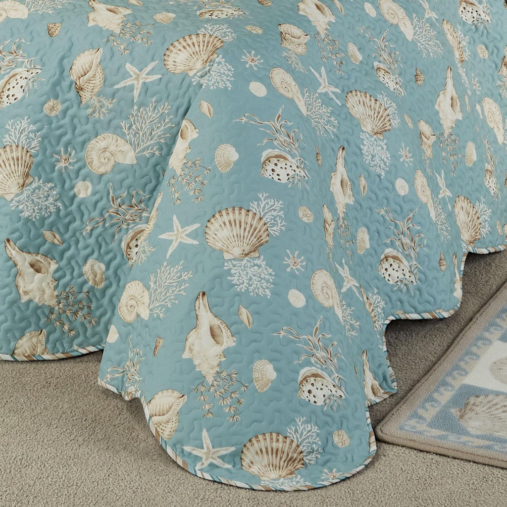 Touch of Class Seabreeze Coastal Beach Polyester Microfiber Bedding | All Season Quilted | Shell Starfish Coral Stripe | Aqua Teal Ivory Cream | 2 Pc Set: Twin Bedspread and 1 Standard Sham