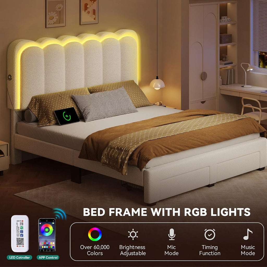 YITAHOME Queen Size Bed Frame with Drawer, Adjustable Headboard with Charging Station and LED Lights, Upholstered Platform Bed with Heavy Duty Wood Slats, No Box Spring Needed, Easy Assembly, Beige