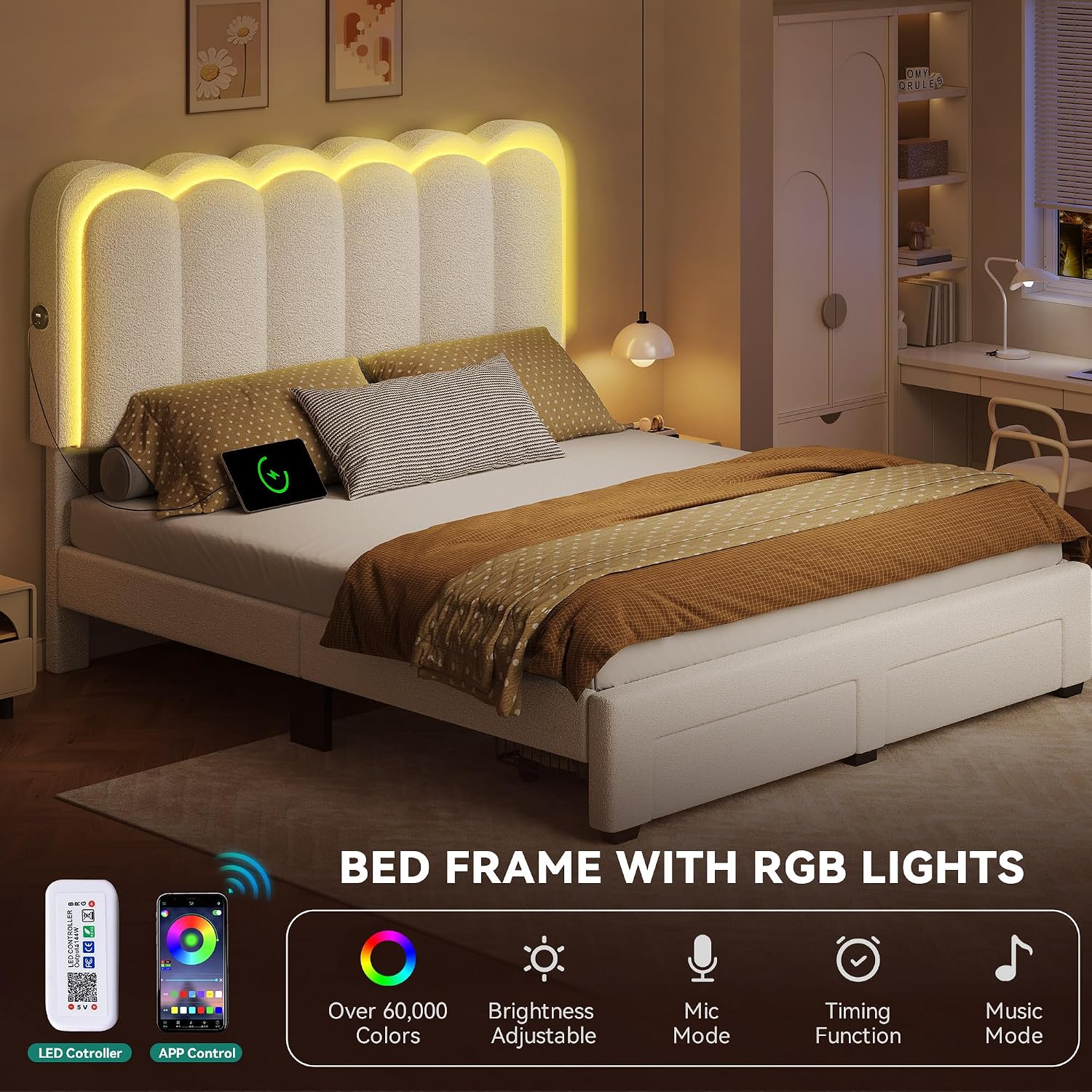 YITAHOME Queen Size Bed Frame with Drawer, Adjustable Headboard with Charging Station and LED Lights, Upholstered Platform Bed with Heavy Duty Wood Slats, No Box Spring Needed, Easy Assembly, Beige