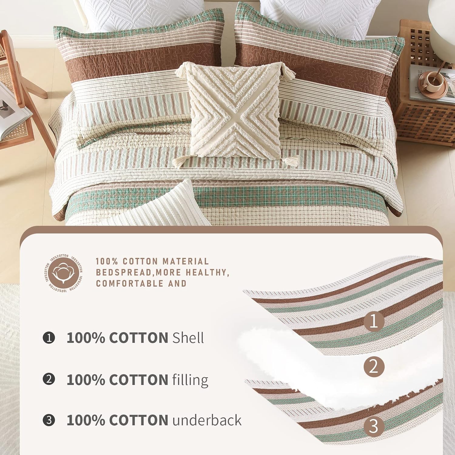 Finlonte 100% Cotton King Size Quilt Set, Patchwork Striped King Quilt Bedding Set Farmhouse Bedspread, Lightweight Quilted Comforter Reversible Bed Spread for All Season, Green/Brown/Beige, 3 Pieces