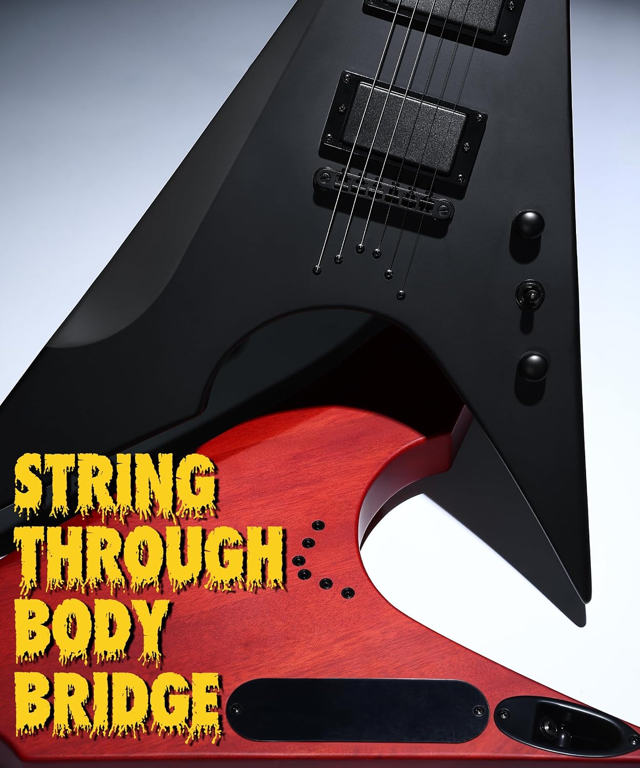 AKLOT Metal V Electric Guitar: HH Pickups, Roasted Maple Neck, Okoume Body, String-Through-Body, Stainless Steel Rounded Ball-End Frets,Beginner Electric Guitar Kit for Adult,Gig Bag,Lesson Book,Black