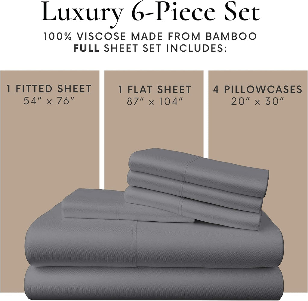Bamboo Bay 6 Piece Full Size Sheet Set, 100% Viscose Made from Bamboo, Breathable, Ultra Soft Cooling Bed Sheets for Hot Sleepers, Beddings with Deep Pockets Fit 16' Mattress, Dark Grey