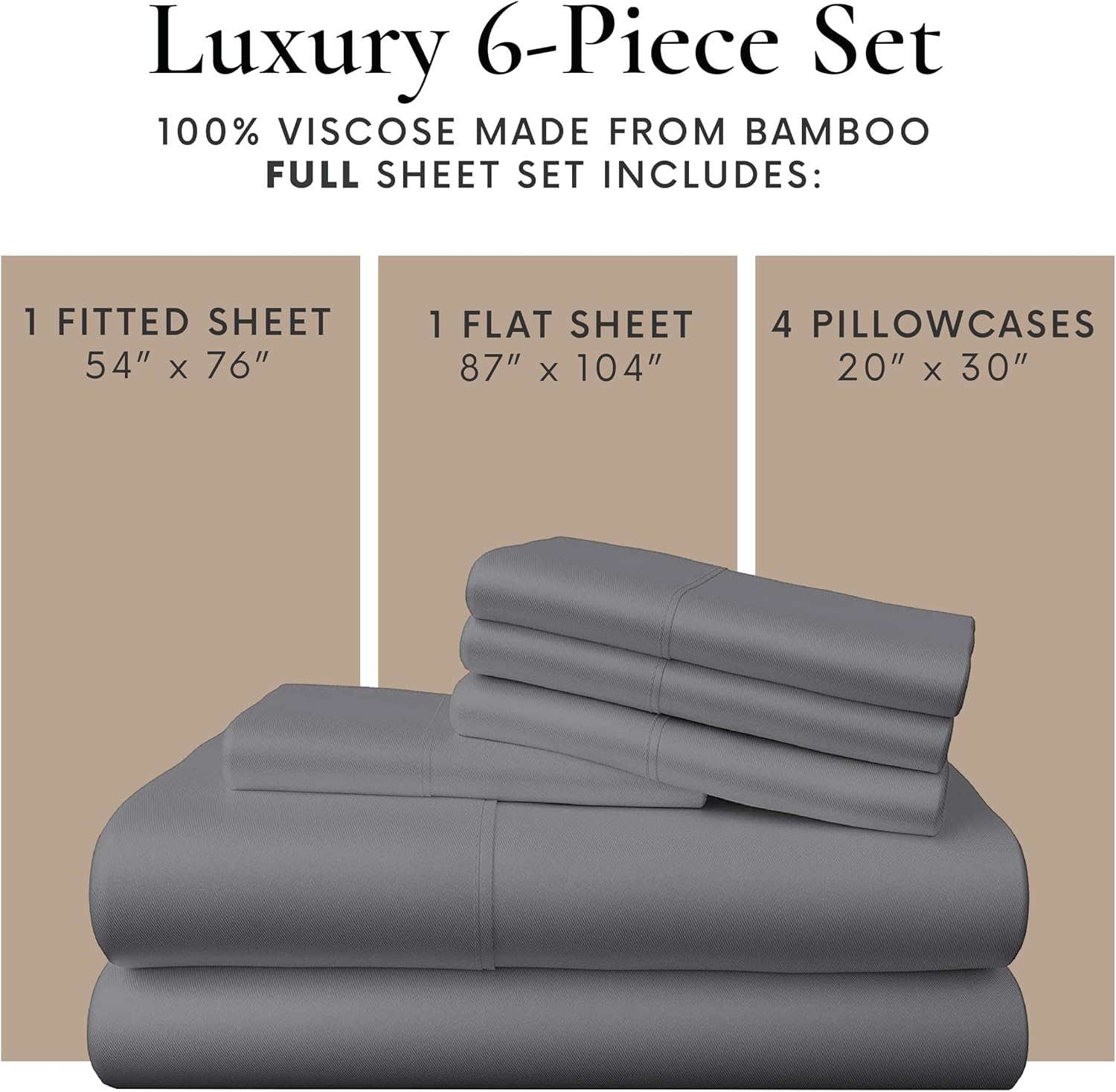 Bamboo Bay 6 Piece Full Size Sheet Set, 100% Viscose Made from Bamboo, Breathable, Ultra Soft Cooling Bed Sheets for Hot Sleepers, Beddings with Deep Pockets Fit 16' Mattress, Dark Grey