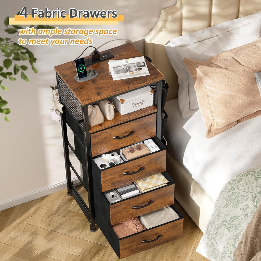 EnHomee Nightstand Set of 2, Night Stand with Charging Station & LED, Bedside Table with Fabric Drawers and Storage Shelf, Sturdy Steel Frame, Wood Top, Cloth Bags, Hooks, Brown