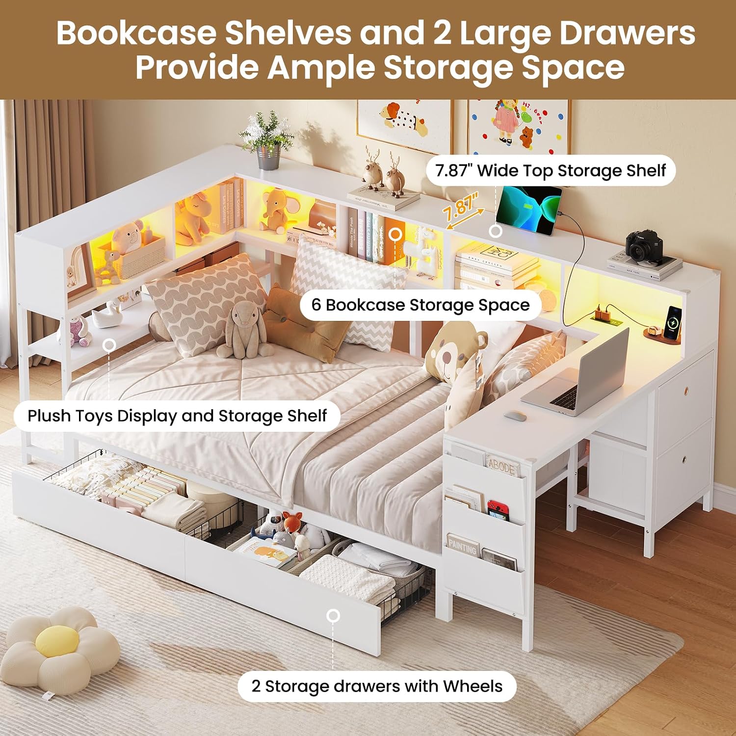 DICTAC Corner Twin Bed Frame with Desk,Charging Station and Bookcase Storage Metal Platform Bed Frame with Storage Drawers and Led Lights Twin Size Daybed with Desk and Shelves for Kids/Teen,White