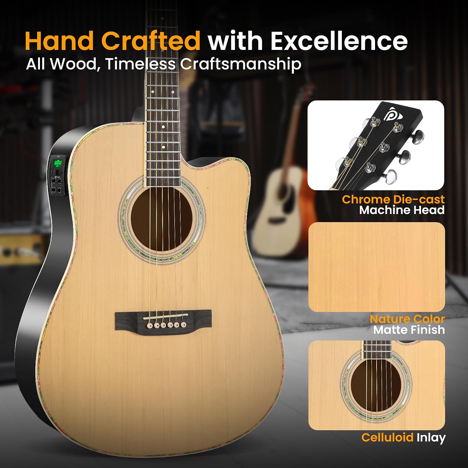 Pyle Cutaway Acoustic Electric Guitar and Amp Kit, 4/4 Full Size Spruce Wood Body with 10W Amplifier, Gig Bag, Strap, Extra Steel Strings, Picks, Cable, for Beginners and Adults, Natural