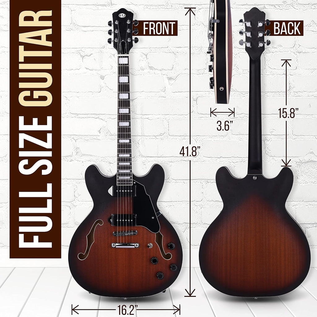 Pyle Semi Hollow Body Electric Guitar Set, 41.8' Full Size Jazz Instrument Kit with Gig Bag and Accessories, Matte Sunburst