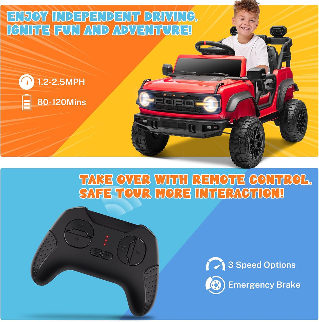 ENYOPRO 12V Kids Ride on Car Licensed Ford Bronco Raptor, Toddler Electric Car with Remote Control, Battery Powered Ride on Toy Truck w/LED Lights, Music Player, Horn, Seat Belt, Soft Start (Red)