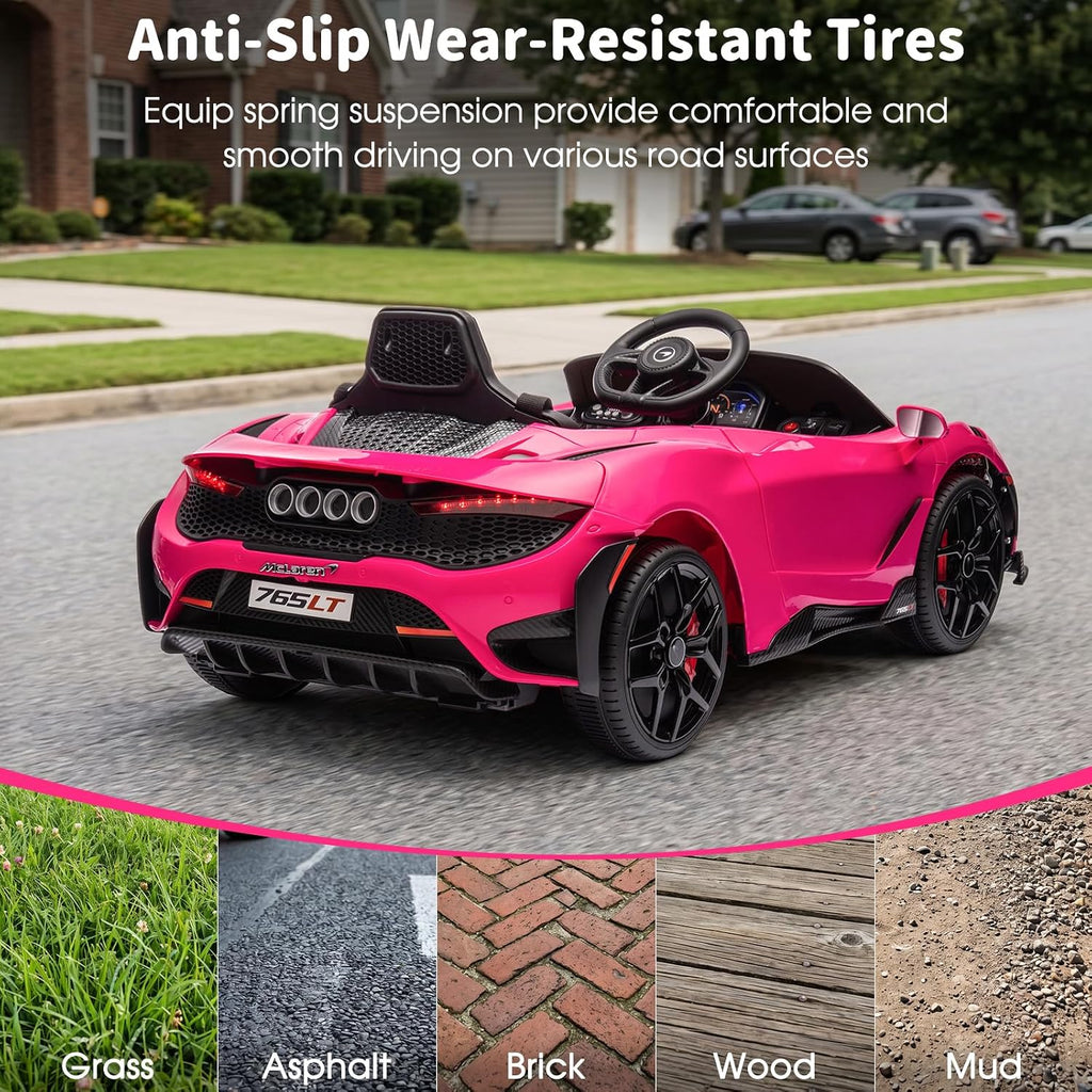 Kids Ride-on Car Licensed McLaren765LT for 3-6Years Old, Electric car 12V Battery Powered Electric Vehicle, w/Parent Remote, Music Player, LED Lights, Smooth Start, 3 Speeds, Pink