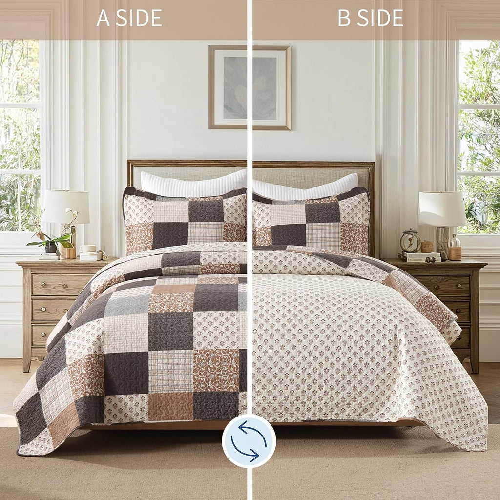KALOOLA 100% Cotton Quilt Set Queen Size - Farmhouse Printed Patchwork Bedspread with 2 Pillow Shams, Reversible Plaid Botanical Bedding Coverlet for All Season, 3 Pieces, Brown/Charcoal/Gray
