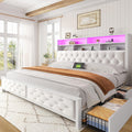 EnHomee King Size Bed Frame with 4 Drawers and Upholstered Storage Headboard,Wooden King Bed Frame with Charging Station and LED Lights,NO Noise,No Box Spring Needed,Beige