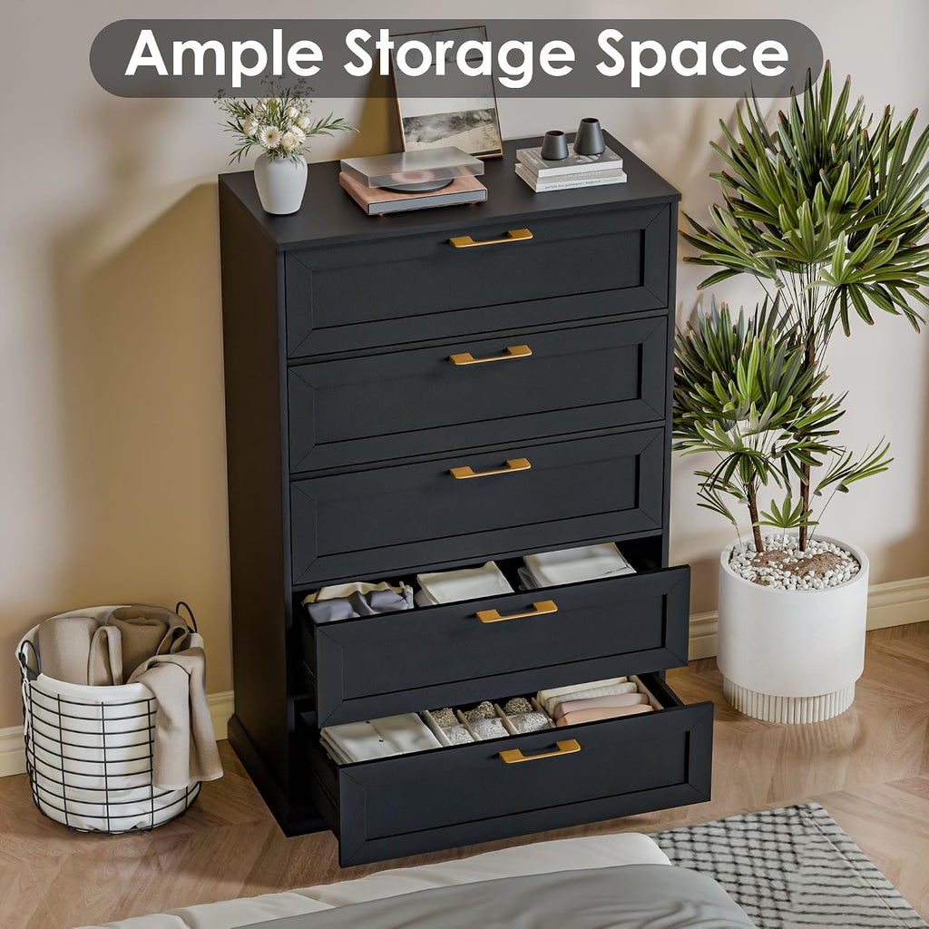 Zamildon's 5 Drawer Dresser, 47' Tall Dressers for Bedroom with Anti-Tip Device, Black Dresser Modern Storage Closet with Handle for Hallway,Entryway
