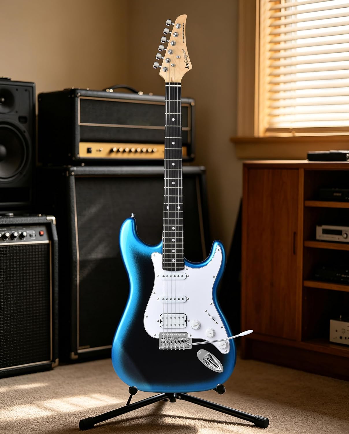 Leo Jaymz Beginner Electric Guitar 39' Kit with Portable Amplifier, Padded Gig Bag, Digital Tuner，Capo，Strap，Picks，HSS Pickups (Blue-Black Fade-HSS)