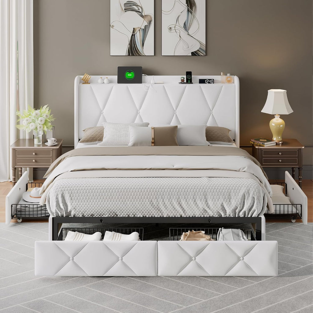 Feonase Full Size Bed Frame with 4 Storage Drawers, Velvet Upholstered Platform Bed with Charging Station, Wingback Storage Headboard, Wooden Slats Support, No Box Spring Needed, Easy Assembly, White