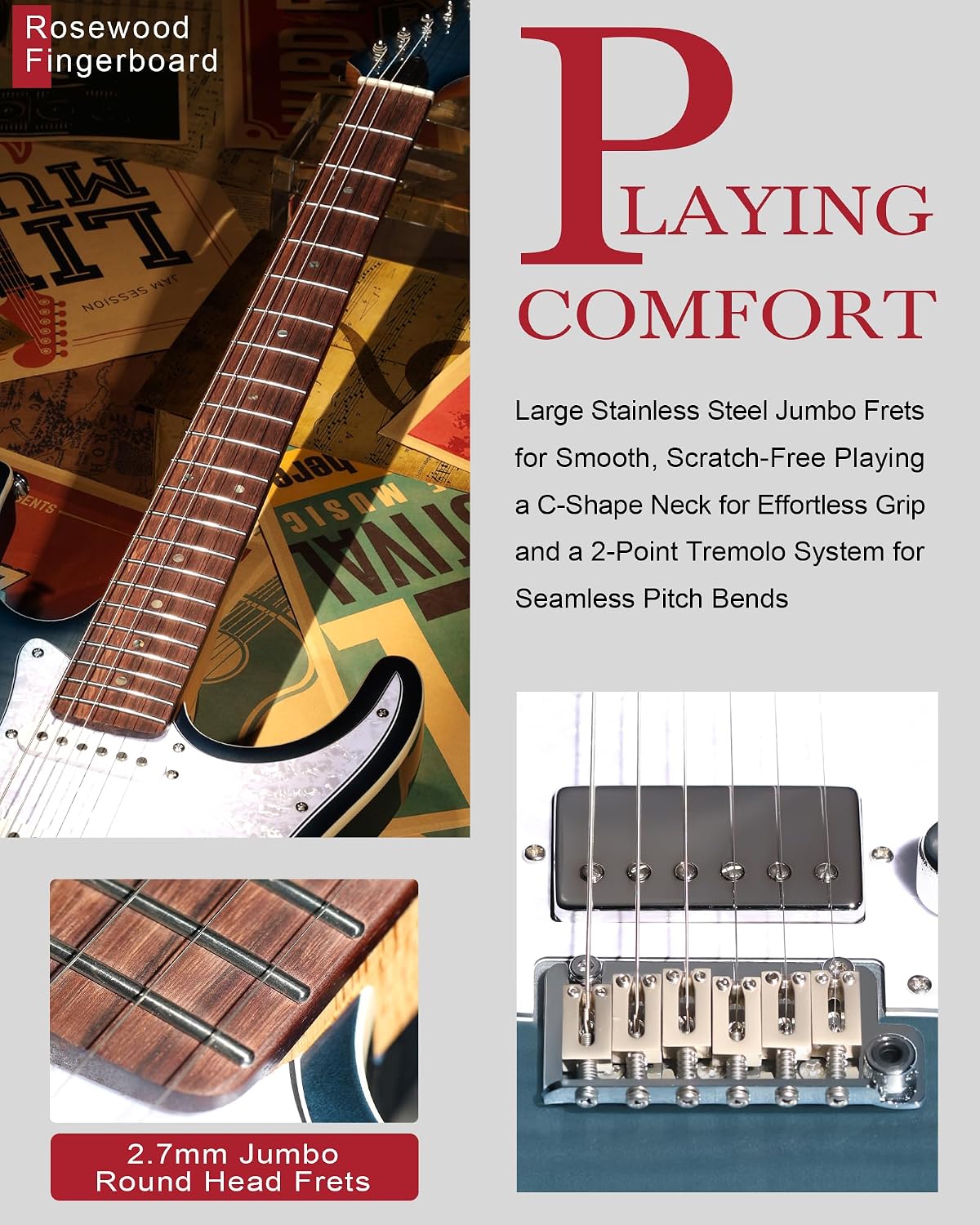 AKLOT Solid Body Electric Guitar - Flame Maple Top, HSS Alnico V Pickups with Coil-Split, Roasted Maple Neck, Locking Tuners, Veltrix Series, Storm Blue