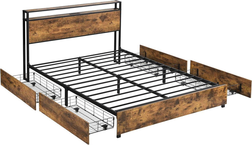 Queen Bed Frame with 4 Storage Drawers, LED Bed Frame Storage with Headboard and Charging Station, Solid and Stable, Noise Free, No Box Spring Needed, Easy Assembly, Rustic Brown
