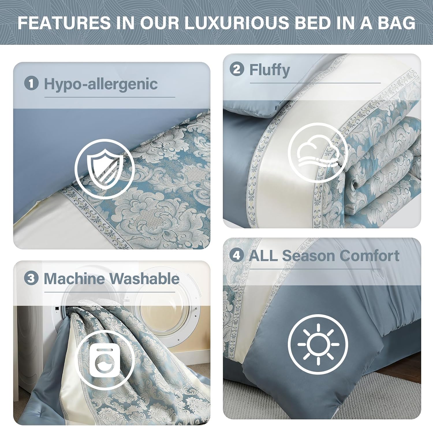 SahSahCasa 7-Piece Luxury King Comforter Set, Bed in a Bag King, Jacquard Silky Fluffy Comforter Bedding Set with Bedskirt, Decorative Pillows, Elegant Reversible, Down-Alternative, Dusty Blue