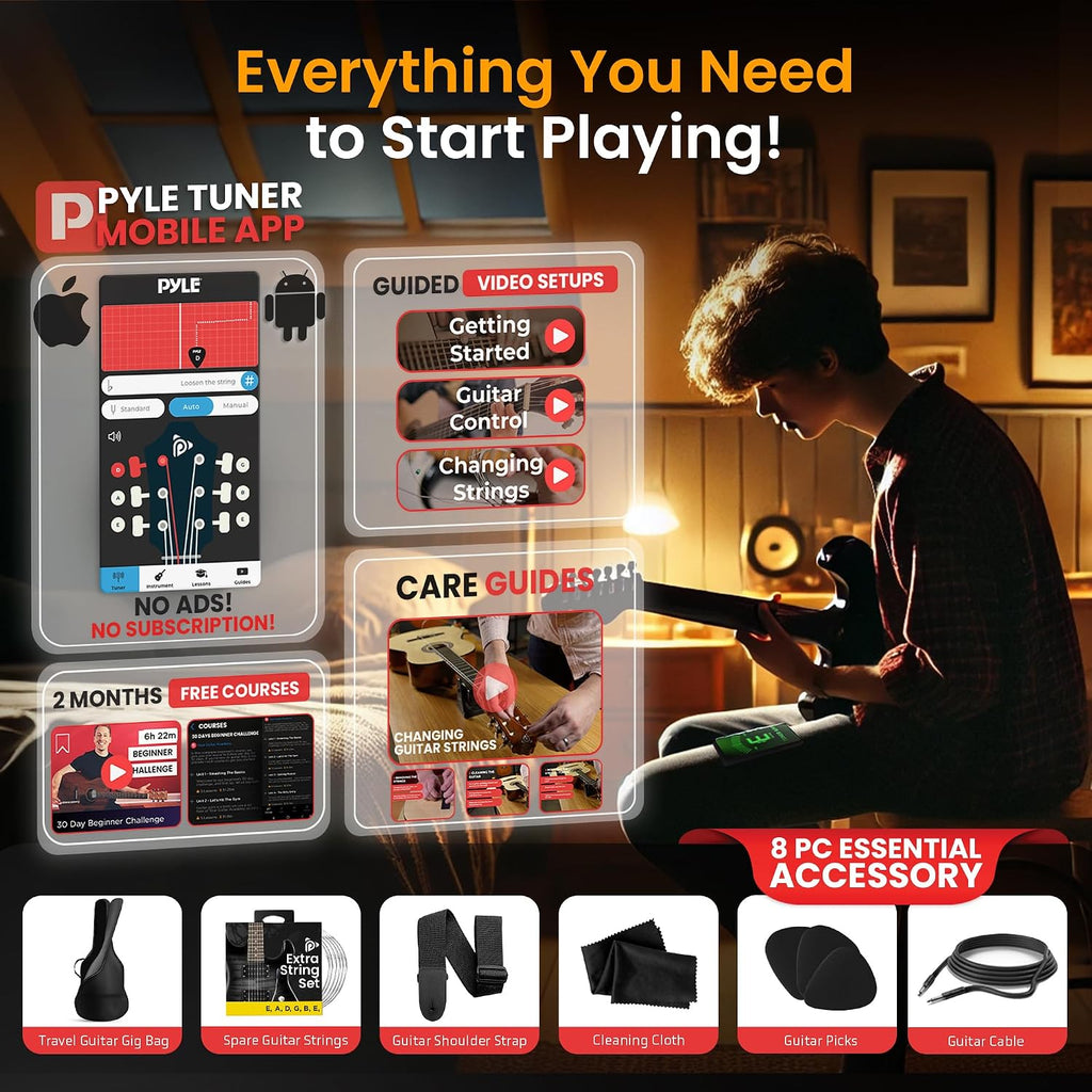 Pyle Electric Guitar Kit with Amp, Full Size Instrument with Humbucker Pickups, Guitarra Electrica Amplifier and Beginner Bundle Accessories, 39' (Legacy Black)