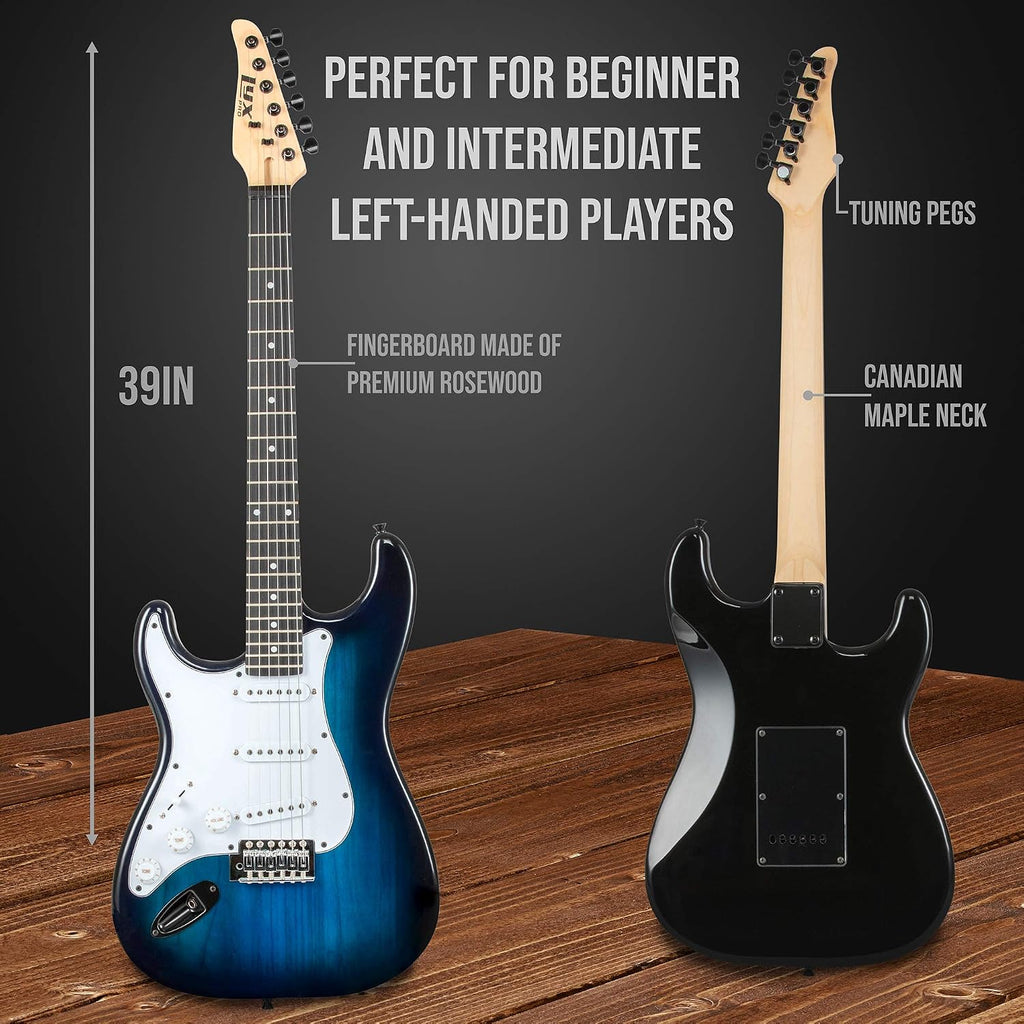 LyxPro Left Hand 39 Inch Electric Guitar and Starter Kit for Lefty Full Size Beginner's Guitar, Amp, Six Strings, Two Picks, Shoulder Strap, Digital Clip On Tuner, Cable and Soft Case - Blue