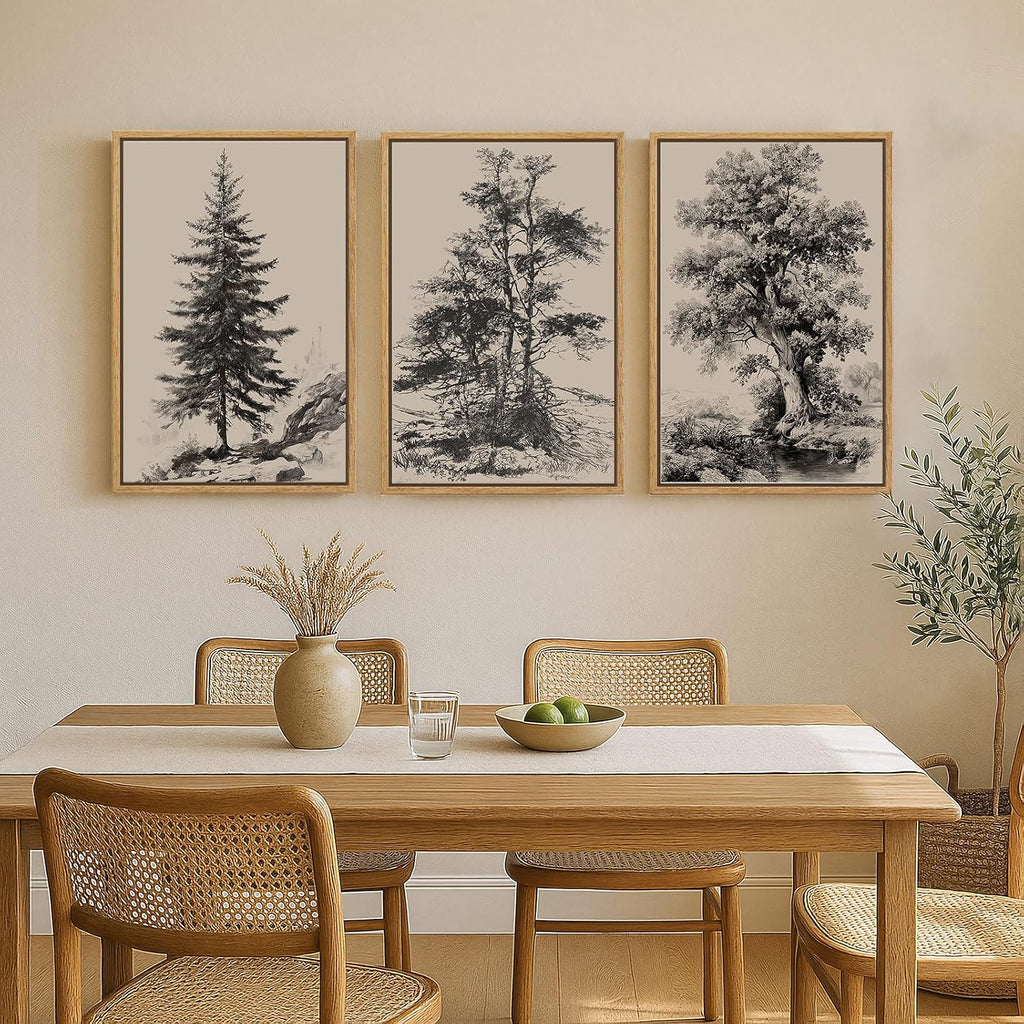 Large Framed Vintage Wall Art for Living Room, 3 Piece Tree Forest Artwork for Walls, Classic Rustic Sketch Canvas Paintings Prints for Office Hallway Wall Decor, 24x36 Inch