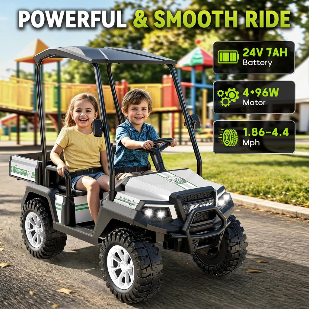 24V Kids Golf Cart w/Detachable Awning–4WD 2 Seater Ride on Car w/Large Storage Trunk, Remote Control, 3 Speeds, Music Player, LED Lights, Ride On Toys, Gift for Kids Ages 3-8(White)