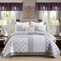 Y-PLWOMEN Quilts Queen Size, 100% Cotton Lightweight Soft Queen Quilt, Purple Grey White Quilted Bedspread, Patchwork Reversible Quilt Bedding Set All Season, 3-Pieces