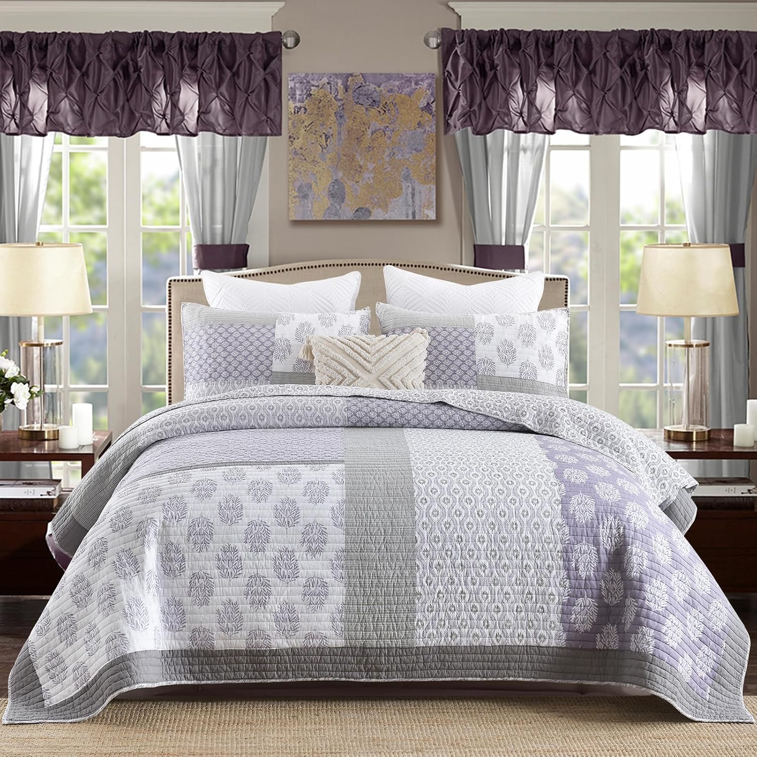 Y-PLWOMEN Quilts Queen Size, 100% Cotton Lightweight Soft Queen Quilt, Purple Grey White Quilted Bedspread, Patchwork Reversible Quilt Bedding Set All Season, 3-Pieces