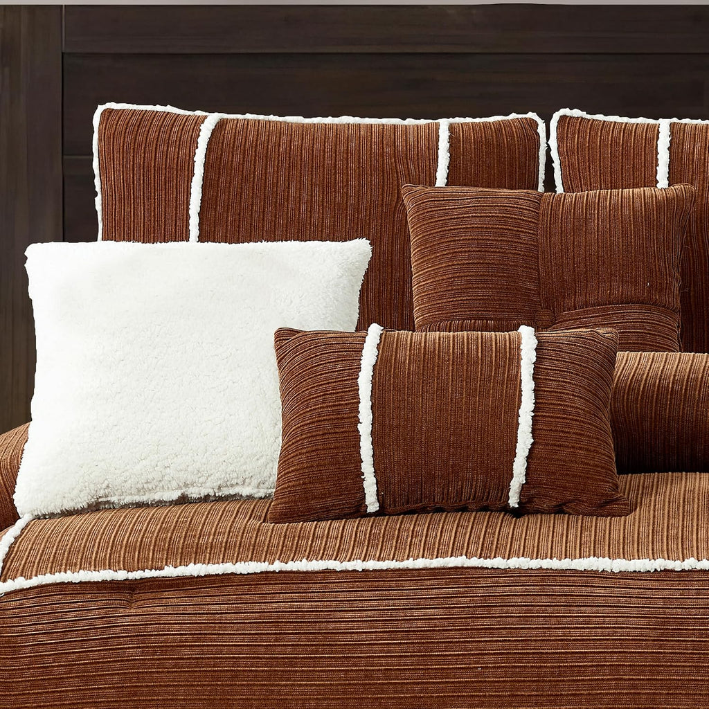 LANCO MODERN LIFESTYLE 7 Piece Comforter Set King, Rust, Bed in a Bag, Corduroy Textured Bedding Set with Comforter, Bed Skirt, Pillow Shams and Decor Pillows, Luxury Modern Home Decor