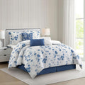 Stratford Park Waffle Printed Polyester Comforter Set, Blue Floral 7 Piece Queen Bedding Set, Elegant All Season Bedding, Matching Pillows, Shams, Bed Skirt