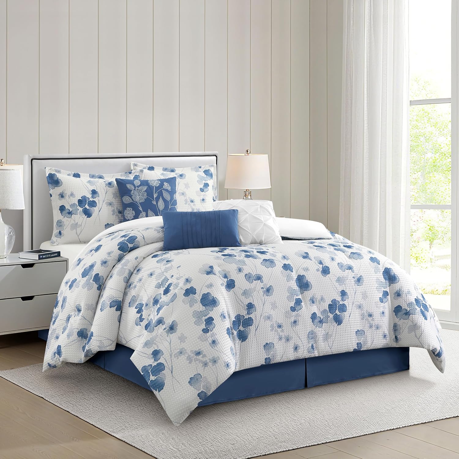 Stratford Park Waffle Printed Polyester Comforter Set, Blue Floral 7 Piece King Bedding Set, Elegant All Season Bedding, Matching Pillows, Shams, Bed Skirt