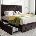 MUTICOR Full Size Bed Frame with 4 Storage Drawers, Upholstered Platform Bed with Button Tufted Adjustable Headboard, No Box Spring Needed, Easy Assembly, Diamond Tufted, Black Brown Leather