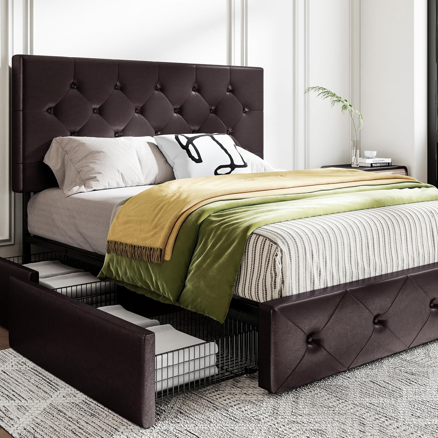 MUTICOR Full Size Bed Frame with 4 Storage Drawers, Upholstered Platform Bed with Button Tufted Adjustable Headboard, No Box Spring Needed, Easy Assembly, Diamond Tufted, Black Brown Leather