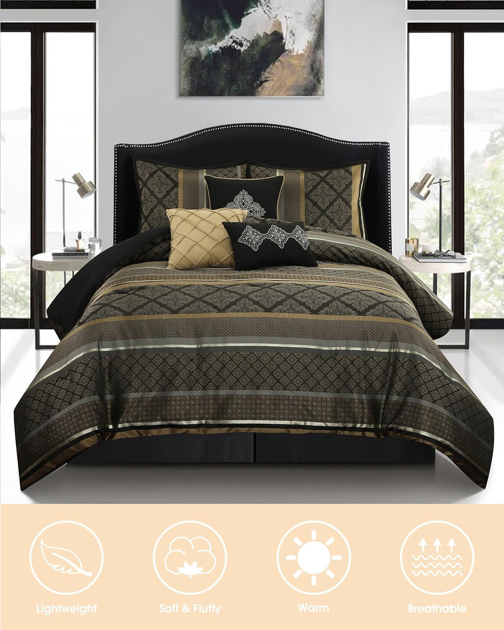 LANCO MODERN LIFESTYLE California King Comforter Set, Black Gold, Luxury Geometric Jacquard, All Seasons, 7 Pieces Bedding Set, Matching Shams, Bedskirt, Decorative Pillows