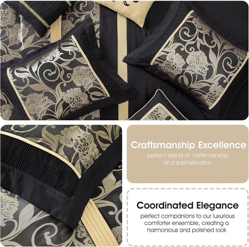 Grand Avenue Jacquard Floral Comforter Set, 7 Pieces King Black Bedding Set, Matching Pillows & Shams, Bed Skirt, Ultra-Soft, Lightweight Microfiber