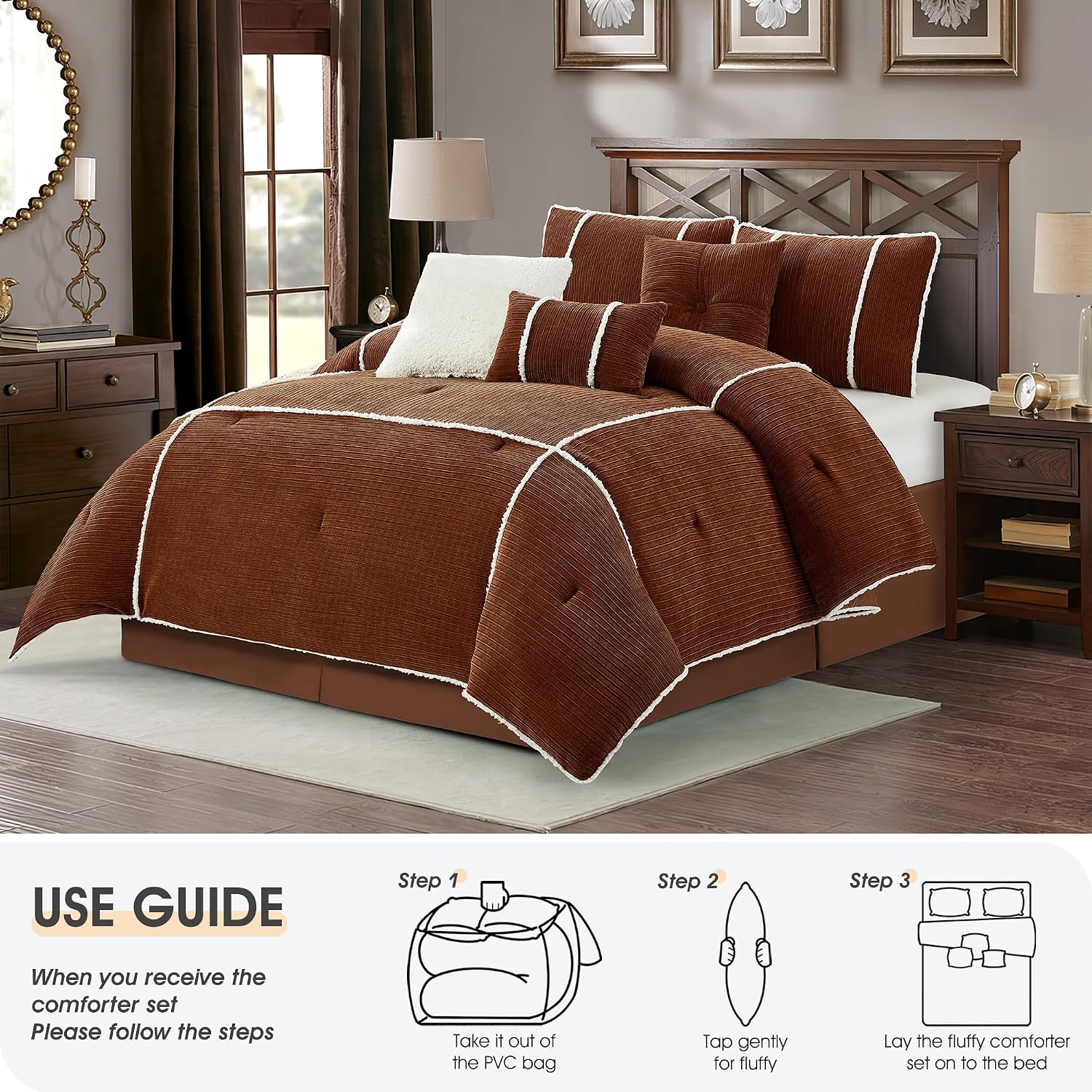 LANCO MODERN LIFESTYLE 7 Piece Comforter Set King, Rust, Bed in a Bag, Corduroy Textured Bedding Set with Comforter, Bed Skirt, Pillow Shams and Decor Pillows, Luxury Modern Home Decor