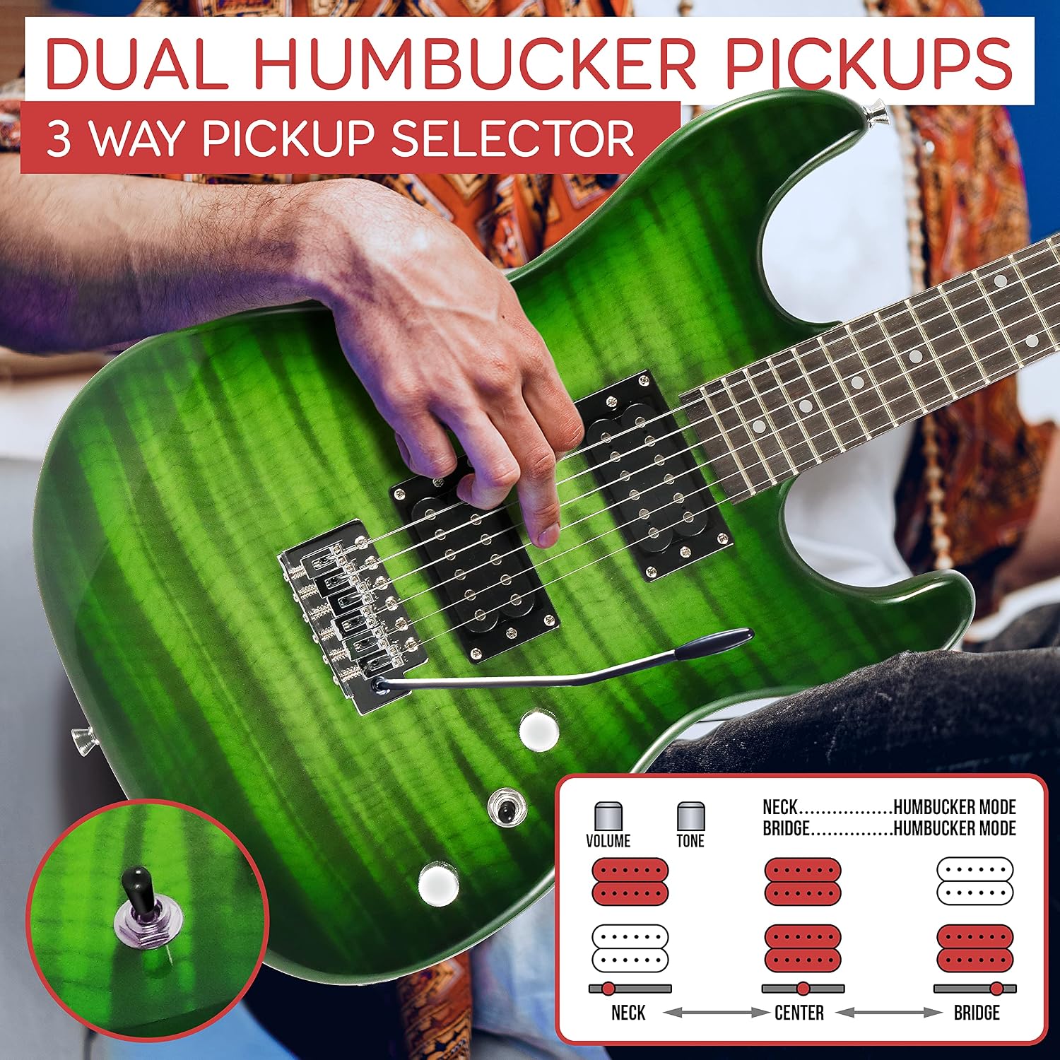 Pyle Electric Guitar Kit with Amp, Full Size Instrument with Humbucker Pickups, Guitarra Electrica Amplifier and Beginner Bundle Accessories, 39' Legacy Green