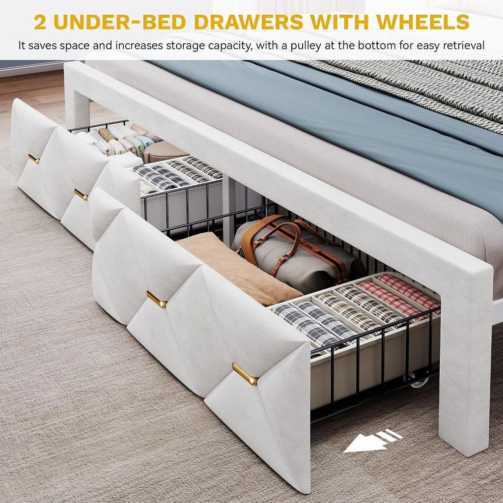 DWVO King Size Bed Frame with 2 Storage Drawers and Storage Headboard, Upholstered Platform with Charging Station and LED Light, No Box Spring Needed, Noise Free, Easy Assembly, Velvet White