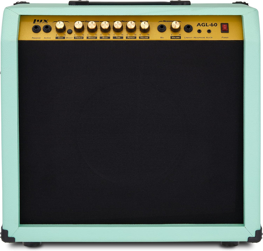 LyxPro 60 Watt Electric Guitar Amplifier | Combo Solid State Studio & Stage Amp with 10' 4-Ohm Speaker, Custom EQ Controls, Drive, Delay, ¼' Passive/Active/Mic Inputs, Aux In & Headphone Jack - Green