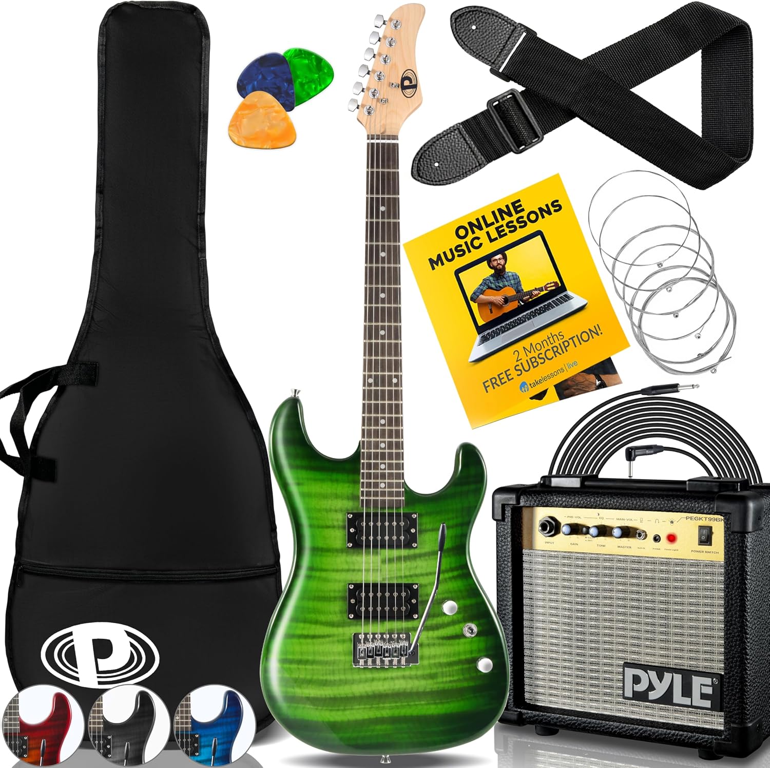 Pyle Electric Guitar Kit with Amp, Full Size Instrument with Humbucker Pickups, Guitarra Electrica Amplifier and Beginner Bundle Accessories, 39' Legacy Green