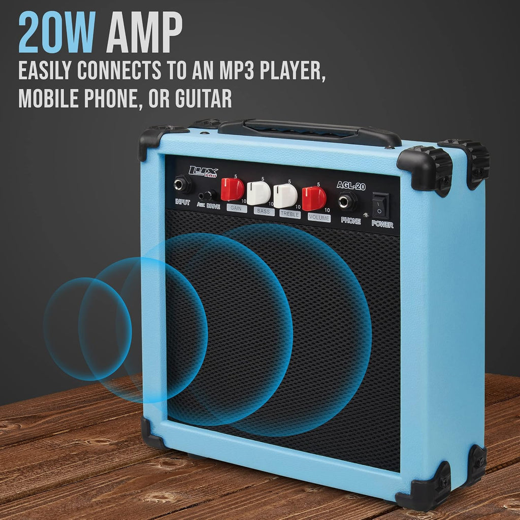 LyxPro 39 inch Electric Guitar Kit Bundle with 20w Amplifier, All Accessories, Digital Clip On Tuner, Six Strings, Two Picks, Tremolo Bar, Shoulder Strap, Case Bag Starter kit Full Size - Retro Blue